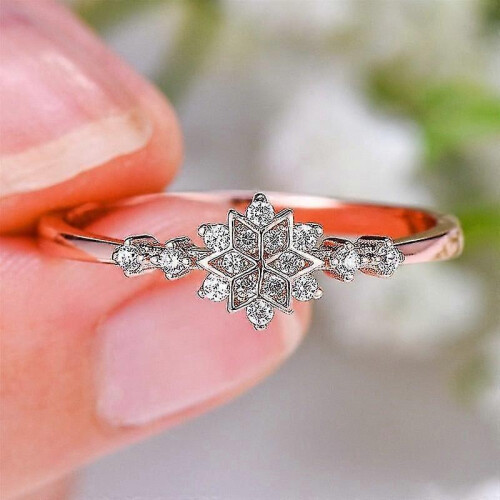(6, Rose Gold) Women Flower Snowflake Ring