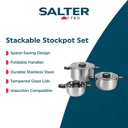 Salter Salter Stackable 3-Piece Stockpot Set ? 16/20/24 cm Stack-in Stainless Steel Cooking Pots, Nesting Design, Foldable Soft-Touch Handles, Induction 1