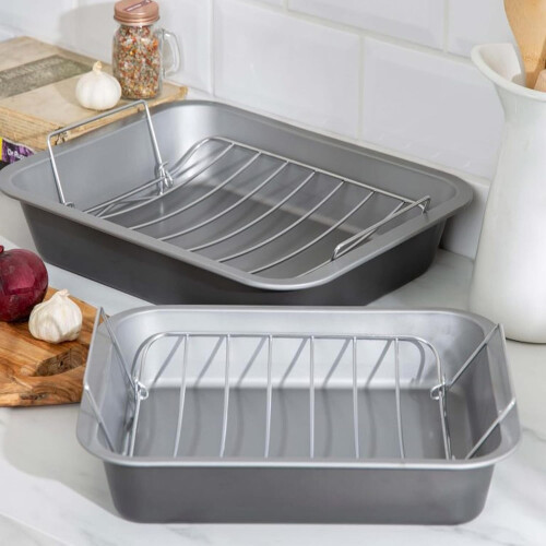Stainless Steel Curved 36cm Non-Stick Deep Roasting Tin & Rack 1