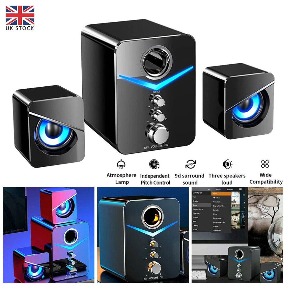 Usb Wired Computer Speakers Led Rgb Gaming Surround Sound Bass Desktop 3.5Mm Uk 5076658901216