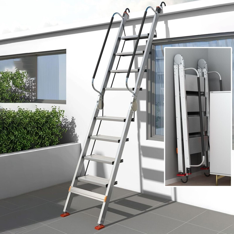 Foldable Aluminum Attic Ladder 9 Steps 275Â¯Cm Silver With Hook Mount Brackets And AntiâSkid Pedals 9330225538349