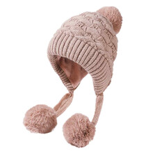 Dam Vinter Sherpa Mössa Hattar Stickade Öronflikar Peruanska Öronskydd Fleecefodrad Fluffig Skidmössa Snöhatt 3 Pompoms