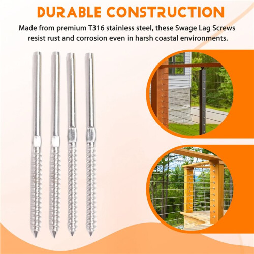 Swage Lag Screws for Cable Railing-1/8" Cable Railing Hardware Kit, Left and Right Handed Thread for Post Railing System 2