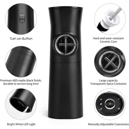 Gravity Induction Electric Salt And Pepper Grinder  Adjustable Coarseness with LED Light(Black) 2