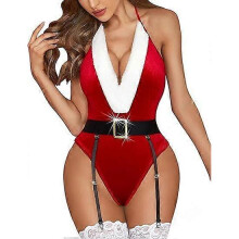 (S) 2025 Latest Women's Christmas Costume Sexy Red Teddy Bear Bodysuit One-Piece Santa Claus Doll With Belt