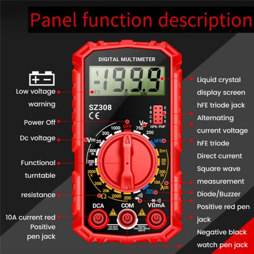 SZ308 Digital Multimeter Voltage Resistance Meter AC/ Current Meter Electrician LCD Backlight Ohm Square Wave Test B 1
