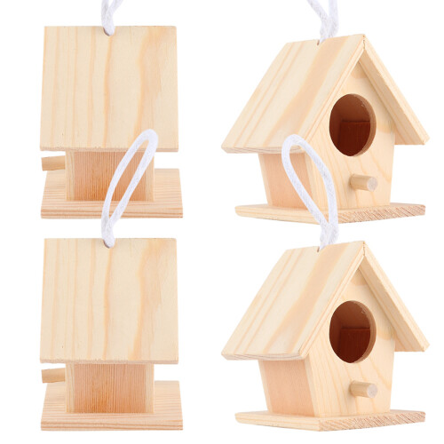 Soft Texture Rustic Decorative Ornaments, Paintable Birdhouse Set With Hanging Rope Compatible with Courtyard Decoration 1