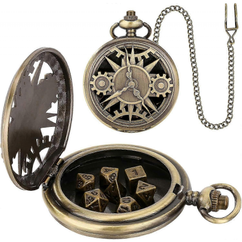 Μίνι σετ ζαριών DND με χάλκινη θήκη Steampunk για ρολόι τσέπης, σετ 7 τεμαχίων πολυε