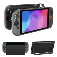 Separate plastic protective case compatible Nintendo Switch 2 controllers (black) that does not interfere with stand use.