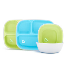 Munchkin 4 Piece Toddler Divided Plate & Bowl Dining Set - Baby Weaning Dishes for 6+ Months, BPA Free - Blue/Green