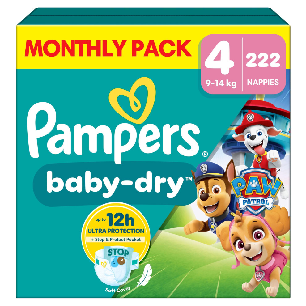 Photos - Nappies Pampers Baby-Dry Paw Patrol Edition Size 4, 222 , 9kg-14kg, Monthly Pack, Up to a 100 Leak-Free & Comfortable Night 