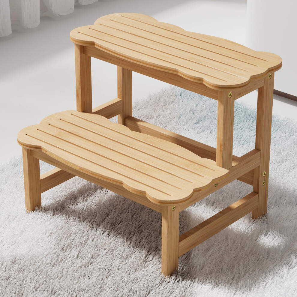Step Stool For Kids - Wodden Two Step Stools 300 Lbs Capacity With Safety Non-Slip Pads - Cute Step Stool For Bathroom/Kitchen (Natural) Cosyland