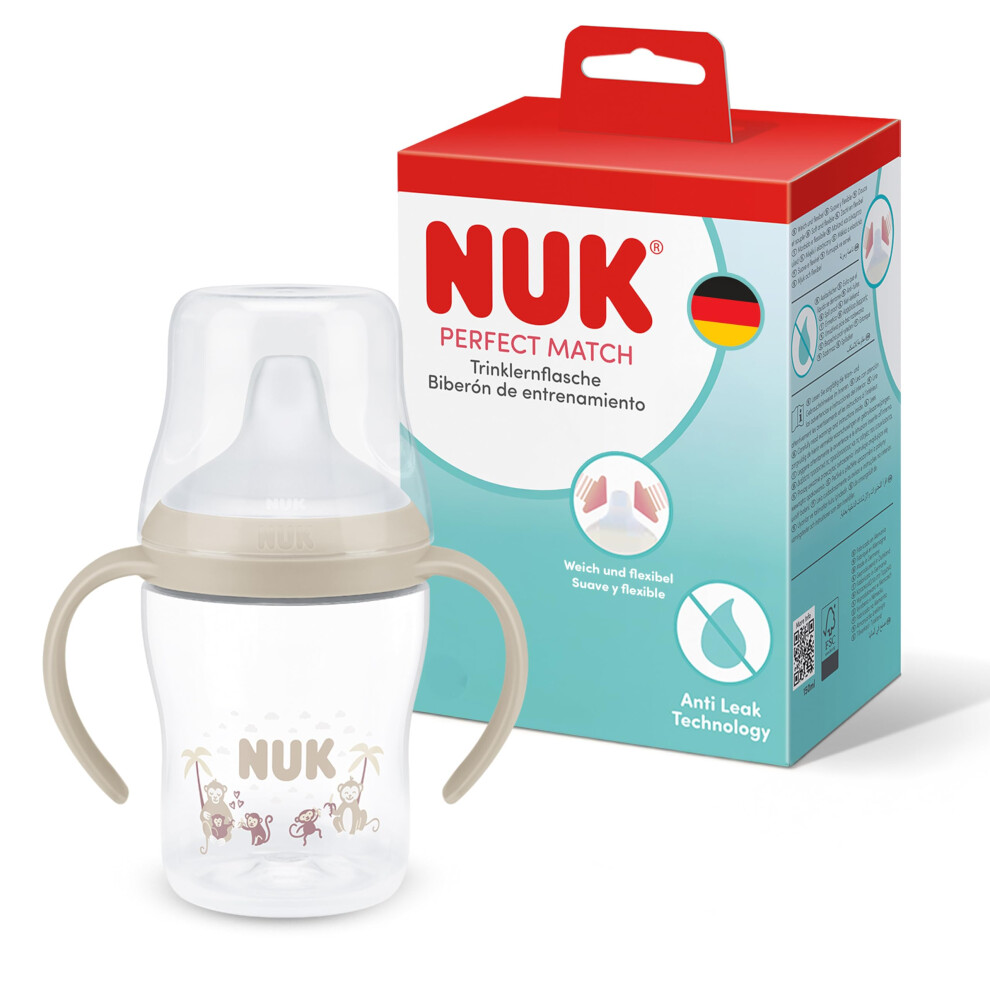 Perfect Match Learner Bottle | 6+ Months | 150Ml | Leak Proof Sippy Cup Toddler Bottle | Anti-Slip Handles | Monkey | 1 Count Nuk
