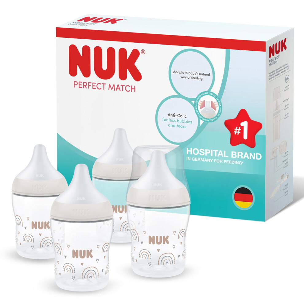 Nuk Perfect Match Baby Bottle | 0+ Months | 150Ml | Anti Colic Feeding Bottle | Pp | Temperature Control Indicator | Rainbow | 4 Count