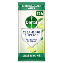 Dettol Antibacterial Cleansing Surface Biodegradable Wipes, Lime and Mint, 126 W