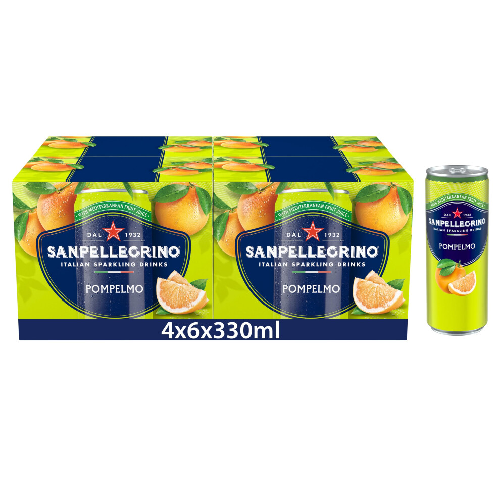 San Pellegrino Italian Sparkling Drinks Tastefully Sparkling Grapefruit Canned Soft Drink 24 X 330Ml | 70 Kcals Per Can Light