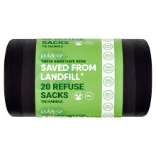 Polylina - Bin Bags, 75 Litre, 20 Tie Handle Black Bin Liners Refuse Sacks, 100% Recycled Plastic, Everyday Use, Household, Office & Kitchen Waste