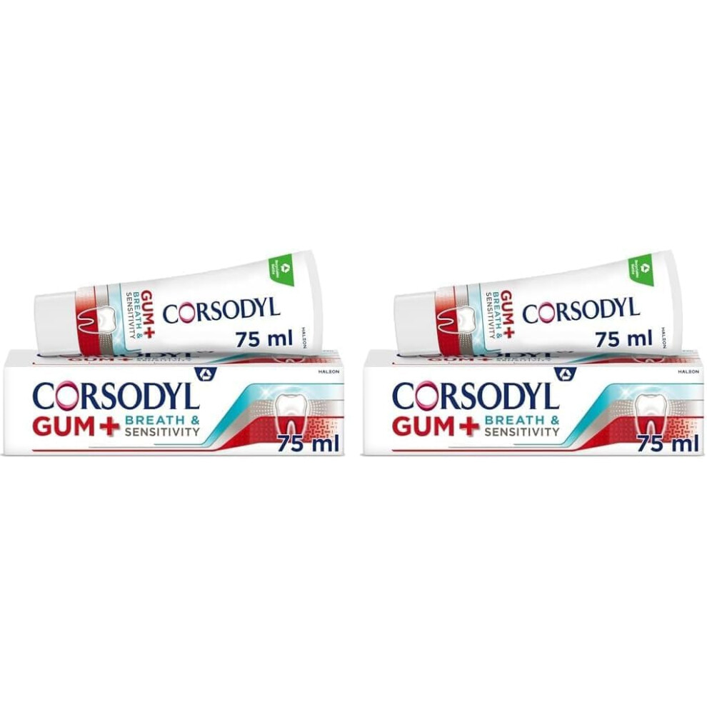 Corsodyl Gum+ Breath & Sensitivity Toothpaste, For Gum Care, Bad Breath And Sensitive Teeth, Pack Of 2 X 75Ml