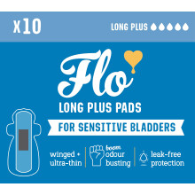 Flo Sensitive Bladder Bamboo Long Plus Pads with Wings Ãâ‚✠Discreet, Ultra-Thin, Hypoallergenic - Medium Incontinence, Odour Control - 10 Pads