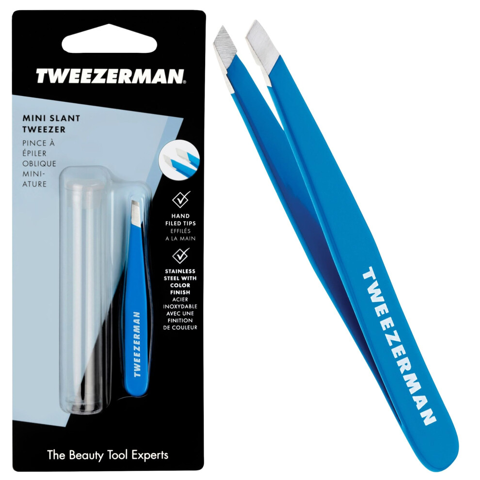 Tweezerman Blue Bahama Mini Slant Tweezer, Professional Stainless Steel Precision Tweezers For Facial Hair And Eyebrows, With Travel Case, (Pack Of 1)