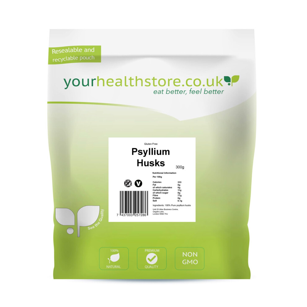 Yourhealthstore Blond Psyllium Husks 300G, Whole, Non Gmo, Gluten Free, High In Fiber, Vegan, Husks Not Powder, (Recyclable Pouch)