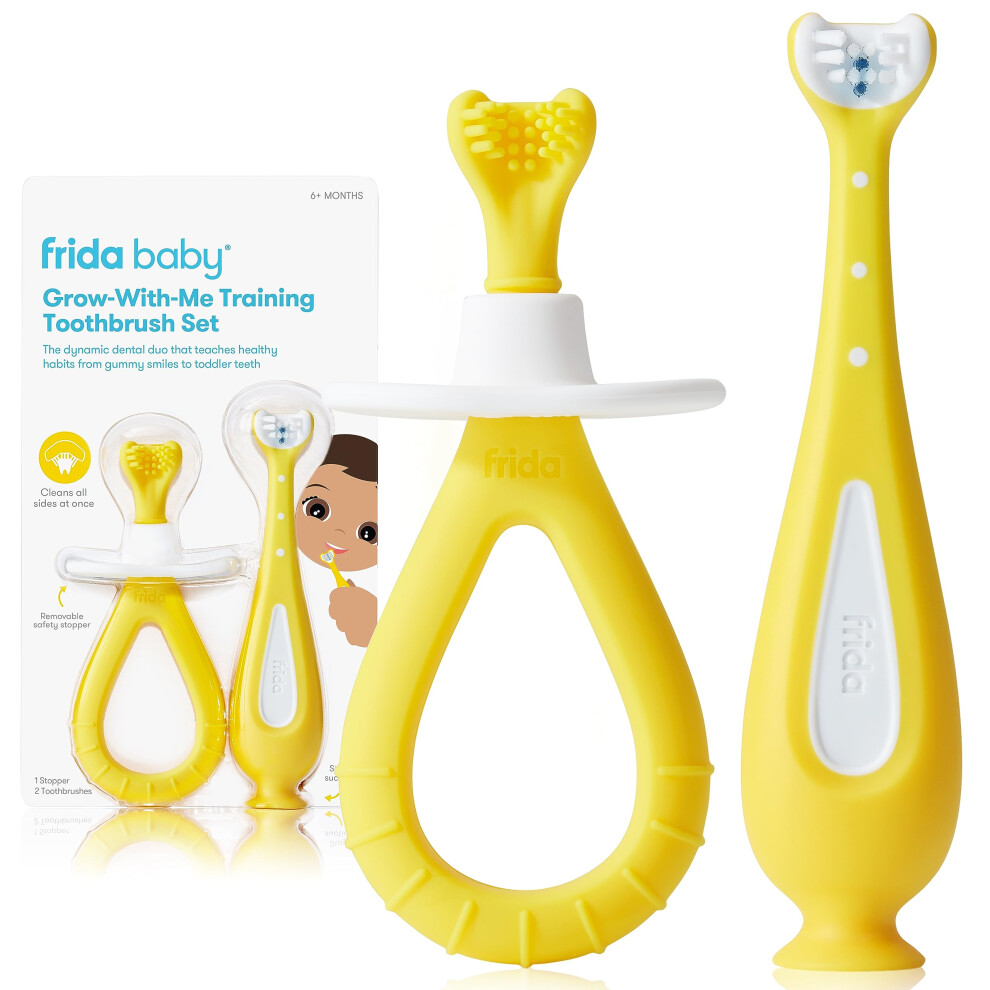 Frida Baby Grow-With-Me Toothbrush Set, 1 Baby + 1 Toddler Toothbrush, 6-24 Months, Easy-Grip Handle, Triple Angle Silicone Bristles