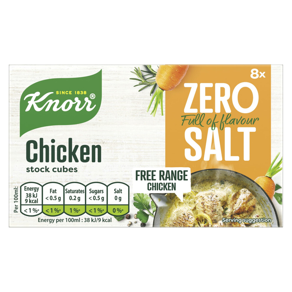 Knorr Zero Salt Chicken Stock Cubes Pack Of 8 Lactose- And Gluten-Free For Delicious, Zero-Salt Chicken Dishes 9 G