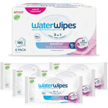 WaterWipes Sensitive+ Body & Intimate Cleansing Wipes, 99.9% Purified Water, XL Textured Wipes, Incontinence Care, Fragrance Free, 180 Count