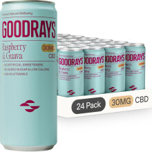 GOODRAYS CBD Drinks, Sparkling Low Calorie Soft Drink, Vegan, Raspberry & Guava, 24 x 250ml Cans, Packaging May Vary