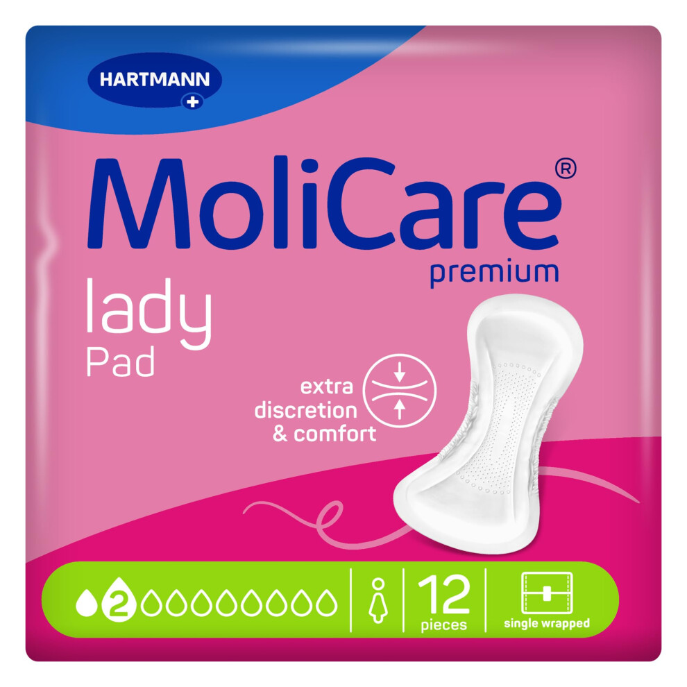 Molicare Lady Pad 2 Drops | Slim And Discreet Incontinence Pads For Women With Bladder Weakness | Odour Neutraliser | Leakage Protection | 12 Pieces