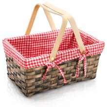 Yesland Small Picnic Basket, Woven Basket with Double Folding Handles, Wicker Basket & Organizer Blanket Storage with Red and White Liner for Egg