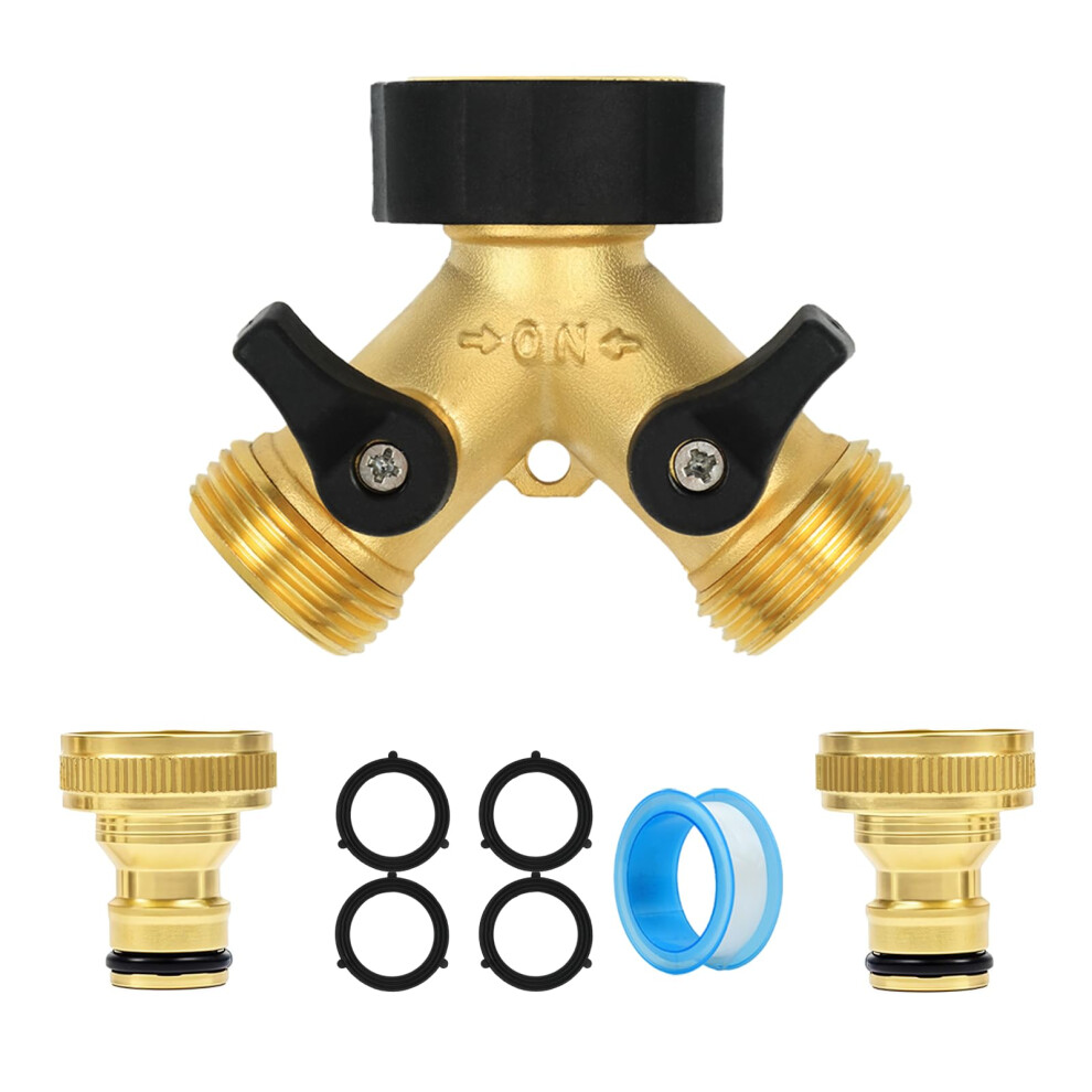Hose Splitter 2 Way, 3/4" Hose Pipe Connector, Garden Tap Splitter, Double Outlet Tap Individual On/Off, Y Brass Hose Connector With 2 Quick Connector 5051224402922