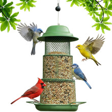 Yiomxhi Bird Feeder Hanging Squirrel Proof, Metal Mesh Wild Bird Seed Feeder with Roof and 360? Feeding Tray for Garden Outdoor Robins Cardinal, Green
