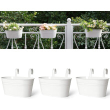 Dahey 3 Pack Metal Iron Hanging Flower Pots for Railing Fence Hanging Bucket Pots Countryside Style Window Flower Plant Holder with Detachable Hooks