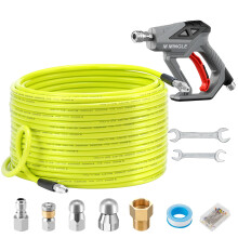 M MINGLE Sewer Jetter Kit for Pressure Washer 200 FT, Drain Cleaner Hose with Power Washer Gun, 1/4 Inch NPT Corner Rotating and Button Nose Sewer
