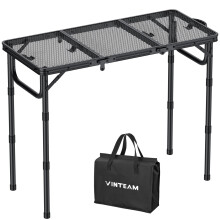 VINTEAM Camping Table, Folding Table with 3 Adjustable Heights, Portable Picnic Table with Mesh Desktop, Waterproof Foldable Table for Camping BBQ