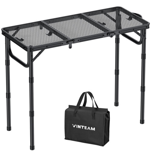 VINTEAM Camping Table, Folding Table with 3 Adjustable Heights, Portable Picnic Table with Mesh Desktop, Waterproof Foldable Table for Camping BBQ