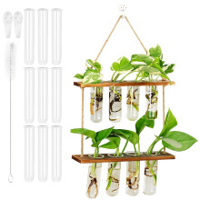 Psatfito G Wall Mounted Plant Propagation Station, 2-Tier Wooden Shelf with 9 Glass Test Tubes, Indoor Hydroponic Planter Vase