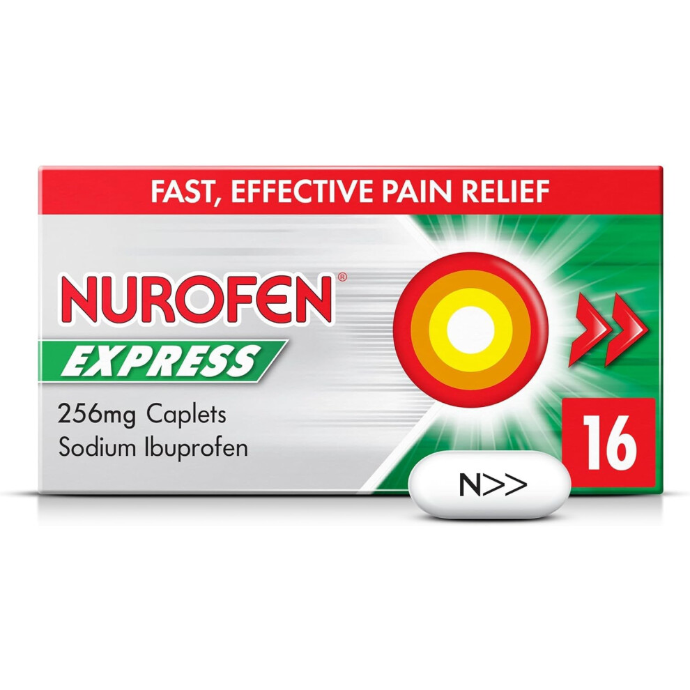 Nurofen Express Sodium Ibuprofen Caplets 256Mg, 16 Count - Fast-Acting Relief For Period Pain, Headaches, Migraines, Cold & Flu Symptoms