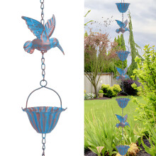 Tefola 2.4m Decorative Rain Chain, Vintage blue metal rain chain with 7 Hummingbird & Cup for Decorative Outdoor Gutter Drainage System for Roof,