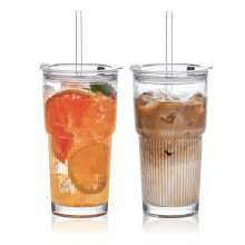 SoulTimes 600ml Ribbed Glass Tumblers with Lids and Glass Straws, Set of 2 ? Leakproof Design, Durable Drinking Glasses for Iced Coffee, Juice,