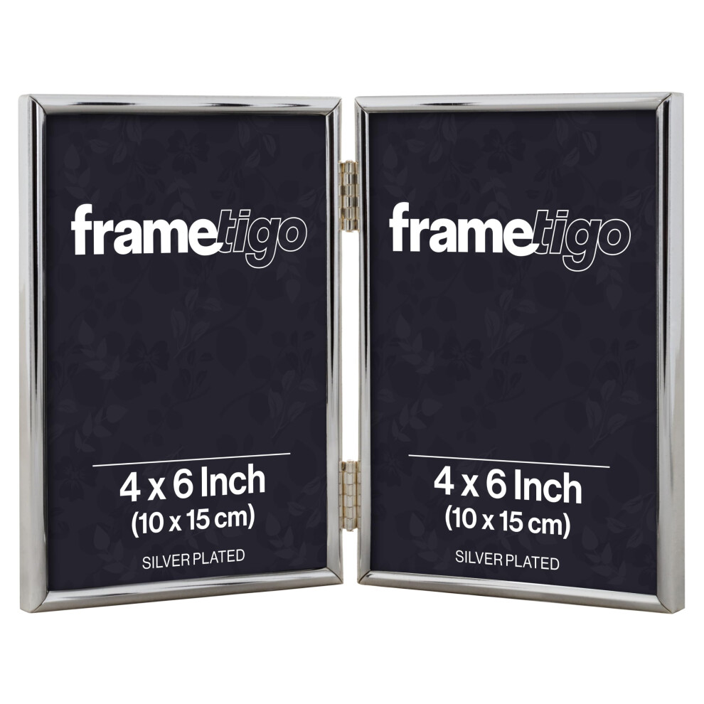 Frametigo - Plated Thin Edge Double Photo Frame, 4"X6" (10X15cm) Photo Size - Portrait Orientation - Modern & Sleek Design - Traditional Silver 5051224508884