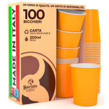 100 Paper Cups, 200 ml, Eco Friendly Biodegradable Disposable Made in Italy Trap Hot Drinks Coloured Water Orange ? Made and Packaged in Italy