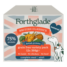 Forthglade British Classics Wet Dog Food Variety Pack (12 x 395g Trays) - Grain Free & Hypoallergenic Dog Food, Adult 1 Year+, Chicken, Lamb and Beef