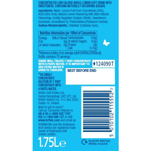 Robinsons Double Strength Lemon No Added Sugar Squash 175L 2
