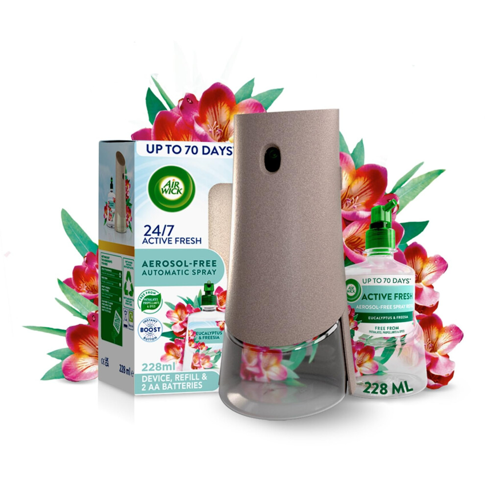 Airwick Air Wick Aerosol-Free Automatic Air Freshener Spray Kit, Eucalyptus & Freesia, 1 Gadget & 1 Refill (228Ml), 24X7 Active Fresh Odour Neutraliser, Last
