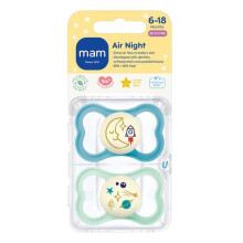 MAM Air Night Soothers | 6-18 Months | 2 Pack | Glow in The Dark Dummies | Comes in Dummy Steriliser Case | Baby Accessories | Blue (Various Designs)