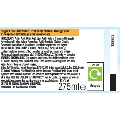 FRUIT SHOOT Hydro Orange & Pineapple Flavoured Water, 275ml (Pack 8) 1