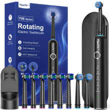 Rotating Electric Toothbrush with 8 Brush Heads (2 Types) for Adults and Kids, 60-Day Battery Life, Wireless Wall Charging Station, 5 Modes Power Too