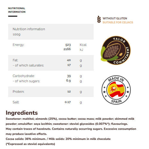 Valor Sugar Free Milk Chocolate Bar, Hazelnut Cream, 100g 2